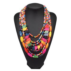 Hanger kettingen dames sieraden 7 kleuren bohemie multi -laag kralen ketting geometrische houten blok hangers lange statement kralen ketting