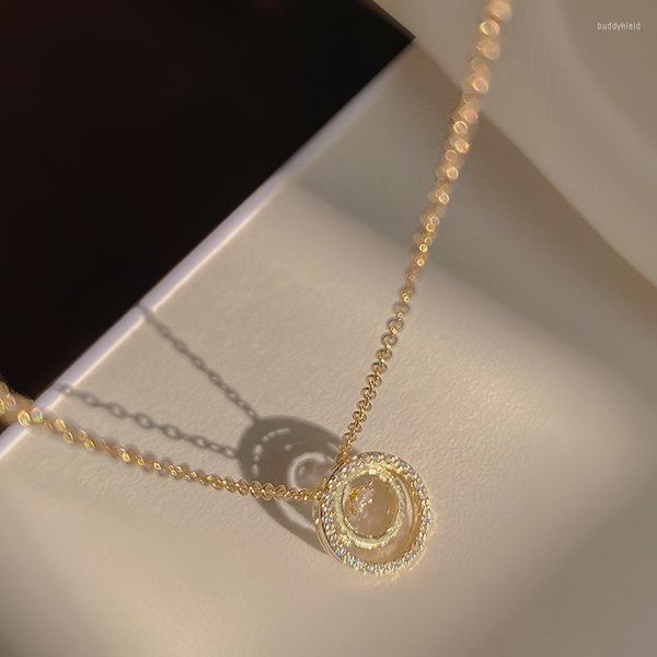 Collares pendientes Joyería de mujer Collar de círculo de circón cúbico chapado en oro delicado Cadena de acero inoxidable elegante Diamante doble