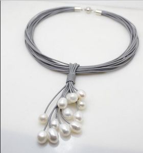 Hanger kettingen vrouwen sieraden handgemaakt cadeau witte parel meerlagige ketting echt grijs leer natuurlijke zoetwatermagneet gesp.