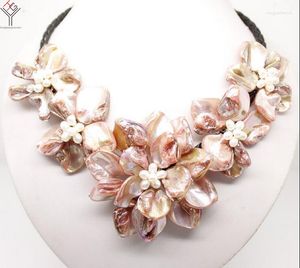 Hanger kettingen vrouwen sieraden natuurlijke witte parel felroze paarse 5 bloemen shell moeder van ketting zwart leer 18 