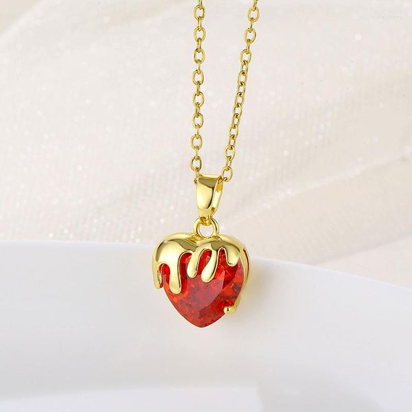 Collares colgantes, joyería para mujer, cadena de clavícula para fiesta, accesorios, collar de Color dorado de circón en forma de corazón rojo Premium