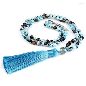 Hanger kettingen vrouwen mannen Boheemse ketting mode natuurlijke blauw vuur agataten onyx steen 108 mala kralen kwaste handmake geknoopte sieraden