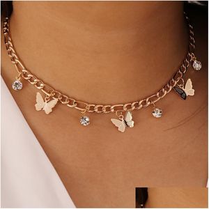 Collares colgantes Mujeres Rhinestone Mariposa Collares Simple Animal Colgante Gargantilla Collar Moda Chicas 16 pulgadas Cadena Figaro de oro Dhui1