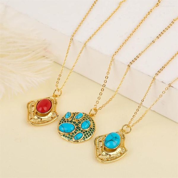 Collares colgantes Conjunto de collar de mujer Turquesa Chapado en oro Retro Forma de seguimiento Gota hexagonal Joyería natural Encanto