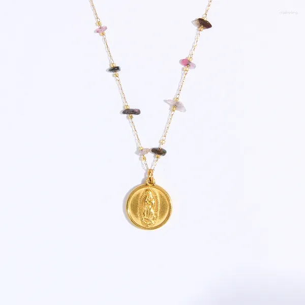 Collares colgantes Collar de la Virgen María de acero inoxidable para mujer Metal Marie Medalla Gargantilla Cadena de piedra de energía natural