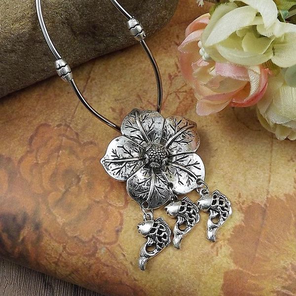 Pendentif Colliers Femmes Argent Couleur Collier Vintage Bijoux Ethnique Tibétain Népal Tribu Lotus Poisson Sculpté Boho