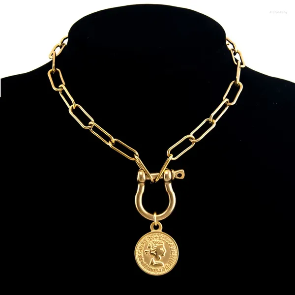 Collares colgantes mujeres vintage minimalismo bloqueo medalla collar de acero inoxidable moneda gargantilla moda punk u forma enlace cadena pesada joyería