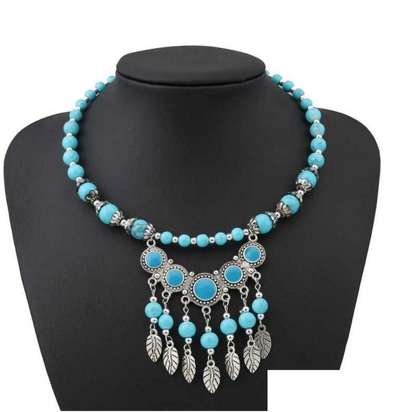 Collares pendientes Para mujer Borlas de cuentas de color Tibetano Sier Turquesa Gstqn008 Regalo de moda Estilo nacional Mujeres Diy Collar Colgantes Dhv0X