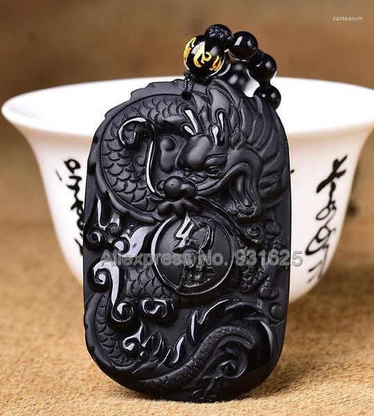 Colliers pendants merveilleux faits à la main noirs noirs d'obsidienne sculptée chinois huanshi dragon chanceux perles d'amulette collier de mode bijoux de mode