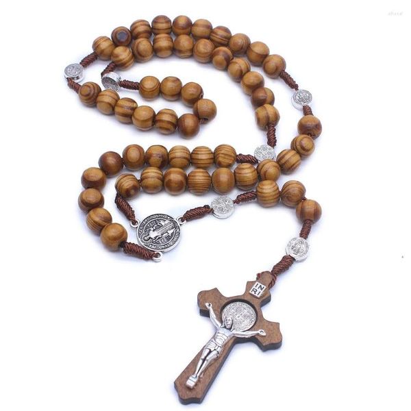 Pendentif Colliers Perles de bois Rosaire Croix Collier pour femmes Hommes Christian Vierge Marie INRI Chaîne Mode Religion Bijoux