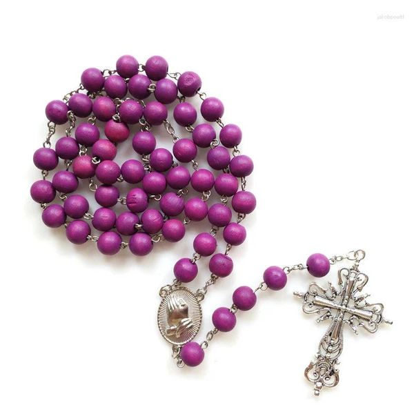 Pendentif Colliers Bois Christian Prière Bijoux Croix Collier Pour Femmes Hommes Violet Vert Rose