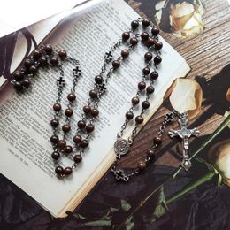 Colliers pendants Collier de chapelet en bois vintage Unisexe Long Cross Perles Catholic Pray Jewelry