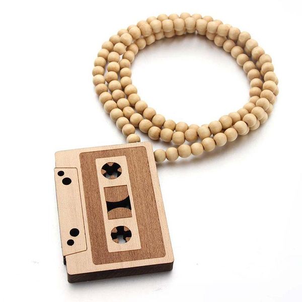 Pendentif Colliers Cassette En Bois Collier Femmes Audio Longues Perles De Bois Hommes Chandail Chaîne Vintage Bijoux AccessoiresPendentif