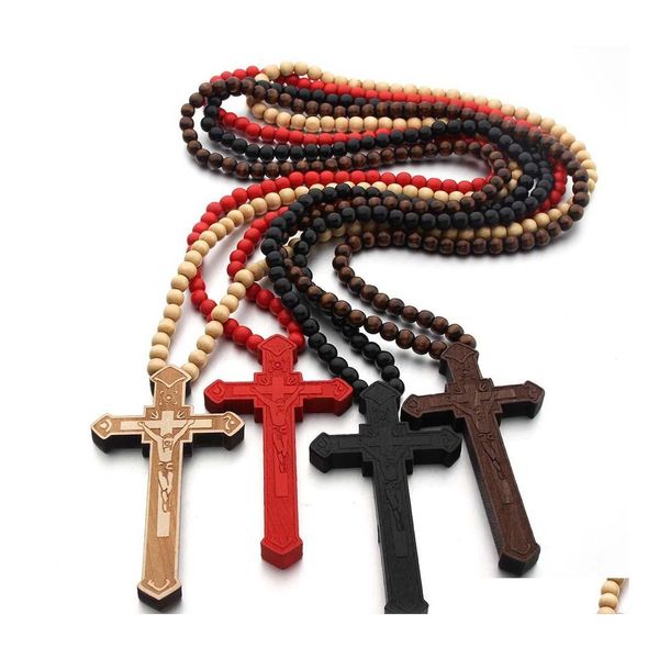 Collares pendientes Cruz de madera Hombres Cristiano Religioso Madera Crucifijo Encanto Rosario Cuentas Cadenas Para Mujeres Hip Hop Joyería Regalo Drop D Otdis