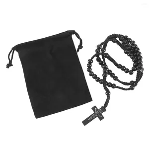 Pendentif Colliers Collier en bois Croix noire Perles Rétro 24 pouces Chaîne Rosaire Homme Femme