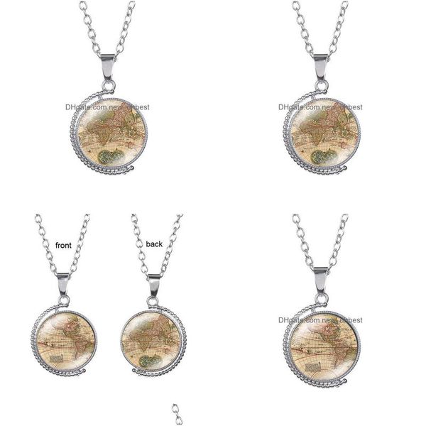 Collares pendientes Mapa del mundo Tiempo de la tierra Collar de gemas Cabujón de cristal de doble cara Cadena giratoria Mujeres Niños Joyería de moda Will Dhnbx