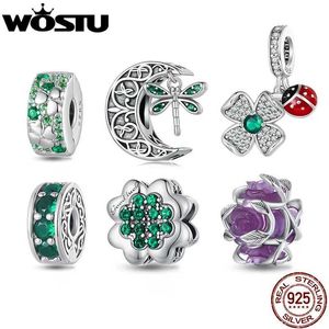 Colliers de pendentif wostu 925 Siltling Silver Green Lucky Clover Charms Dragonfly Pendant Purple Flower Fit Collier de charme original Collier DIY Gift 240410