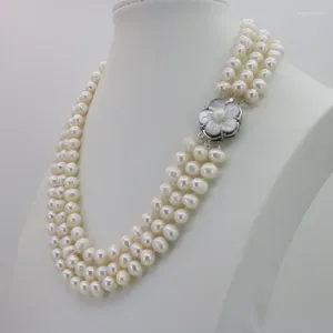 Pendentif Colliers WUBIANLU 3 rangées 7-8mm collier de perles d'eau douce blanches chaîne boutons floraux bijoux femmes fille banquet 17-19 pouces mode