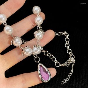 Pendentif Colliers WVintage Purple Heart Pearl Crystal Collier pour femmes Harajuku Tendance Chaînes Y2K Bijoux