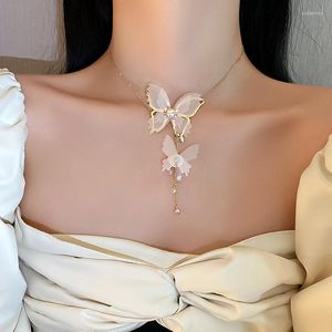 Hanger kettingen xialuoke mode dubbele parel kristal witte kanten vlinder ketting voor vrouwen elegante chokers feest sieraden cadeau