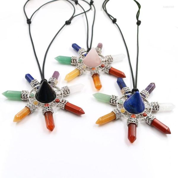 Pendentif Colliers XSM Générateur D'énergie Corde En Cuir Noir 7 Chakra Naturel Hexagone Cristal Pilier Point De Guérison Pendentifs Bijoux