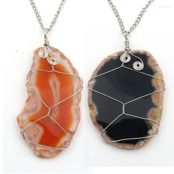 Pendentif Colliers XSM Forme irrégulière Pendentifs Naturel Onyx Tranche Fil Enroulement Agates Pierres À La Main Reiki Amulette Bijoux Cadeau