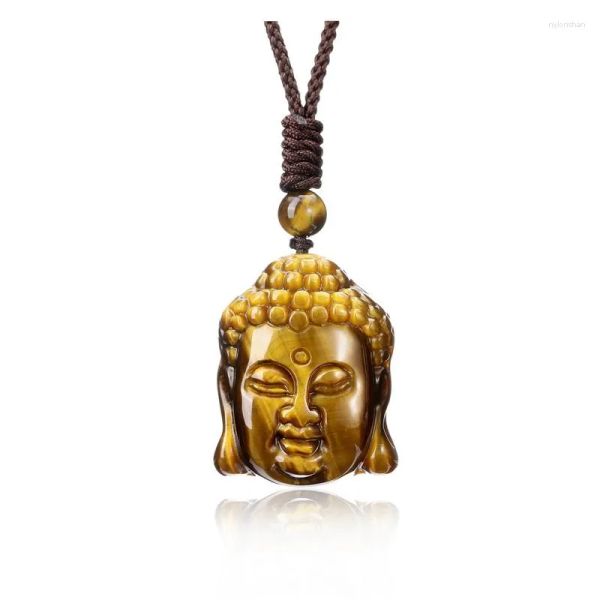 Pendentif Colliers XSM Naturel Oeil de Tigre Pierre Sculpté Bouddha Tête Collier Réglable Corde Tressée Prière Amulette Cadeau Spirituel