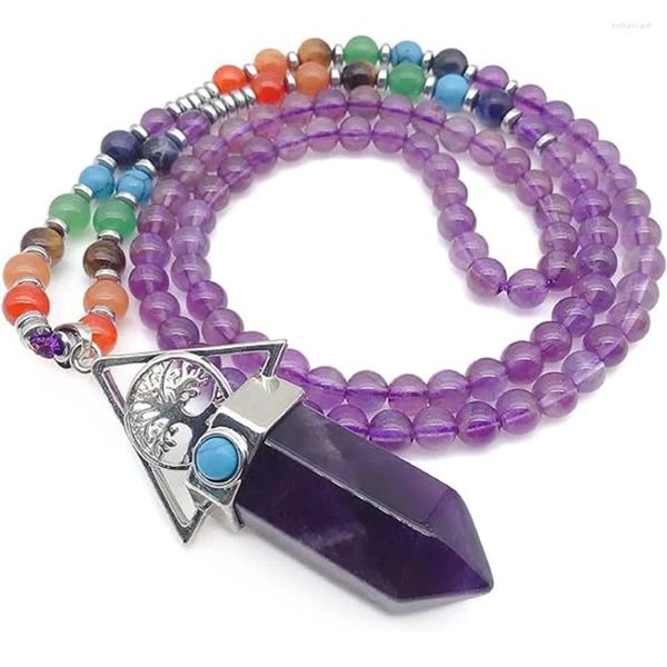 Pendentif Colliers XSM Arbre de vie 7 Chakra Stone Perles Collier pour femmes et hommes Hexagonal Crystal Point