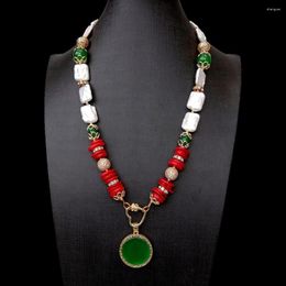Collares colgantes Y.YING Rectángulo blanco Perla Verde Jade Rojo Coral Collar Forma de moneda Ágata 24