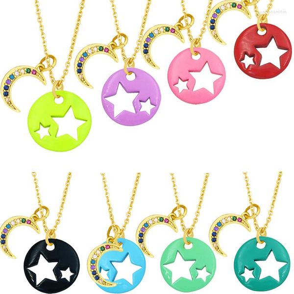 Pendentif colliers Y2K cuivre incrusté Zircon couleur bonbon étoile lune émail chaîne pour femmes fille fête d'anniversaire bijoux cadeau