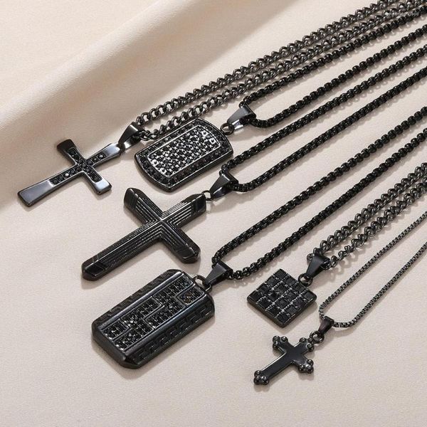 Pendentif Colliers Y2K Croix Collier en acier inoxydable pour femmes hommes chaîne noire punk carré zircon bijoux cadeau de fête