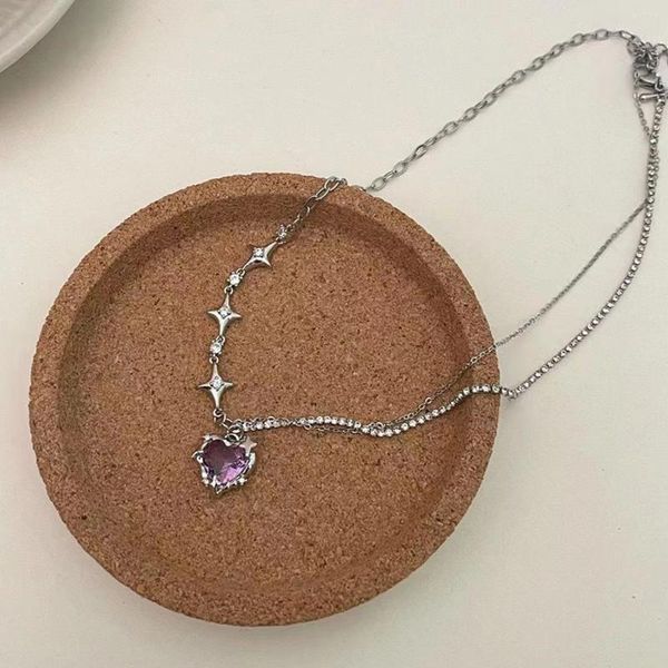 Pendentif Colliers Y2K Mode Pêche Coeur Goutte D'eau Collier Femmes Violet Cristal Egirl Doux Cool Clavicule Chaîne Esthétique Bijoux