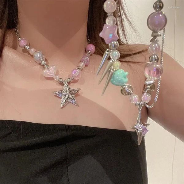 Pingente colares y2k coração contas estrela pentagrama colar para mulheres legal estética clavícula corrente coreana moda jóias emo acessórios