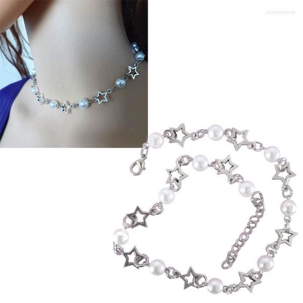 Pendentif Colliers Y2K Perles Creux Étoile Collier Femmes Mode Egirl Emo Punk Grunge Clavicule Chaîne Saint Valentin Cadeaux