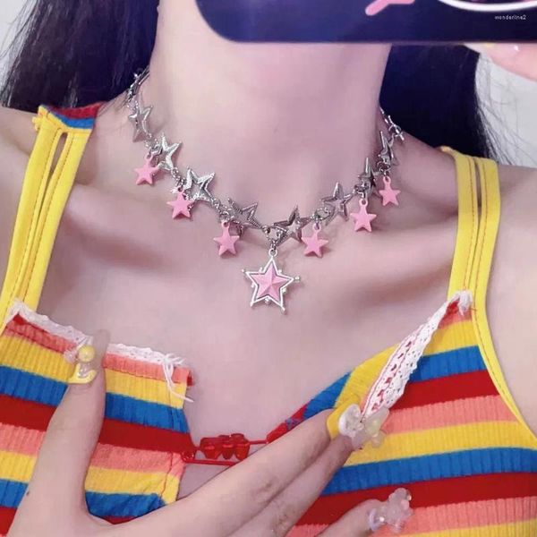 Pendentif Colliers Y2K Pink Star Pentagram Collier pour femmes Mode coréenne Charme Étoiles Métal Clavicule Chaîne Bijoux Esthétique