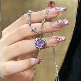 Pendentif Colliers Y2K Purple Crystal Heart Collier Femmes Sweet Cool Girl Punk Clavicule Chaîne Mode Esthétique Bijoux Cadeau 230831