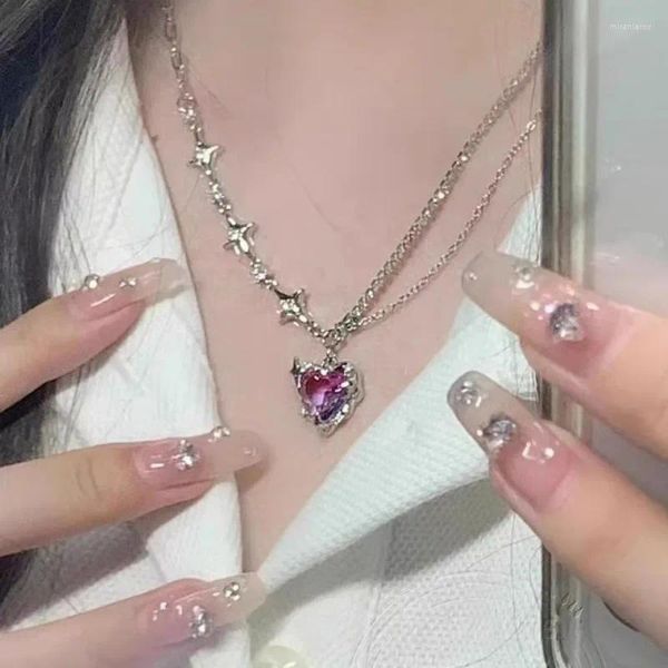 Pendentif Colliers Y2K Purple Crystal Heart Collier pour femmes Sweet Cool Girl Punk Clavicule Chaîne Mode Esthétique Bijoux 2023