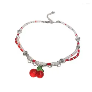Collares colgantes Y2K Red Cherry Heart Gargantilla con cuentas Collar Mujeres Bohemian Beads Vintage Egirl Jewelry