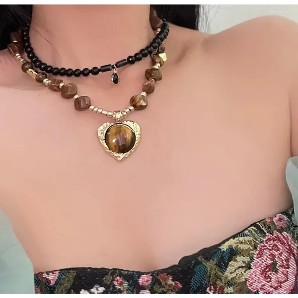 Collares colgantes Y2k Tiger Eye Stone Collar de mujer Dulce Romántico Banquete de lujo Fiesta de playa Cadena de clavícula para mujeres Joyería de moda