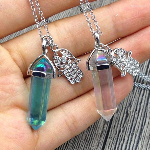 Pendentif Colliers YA2719 Titane AB ou Bleu Couleur Quartz Clair Point Chanceux Hamsa Charme Chaîne 18 pouces