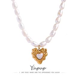 Pendentif colliers Yhpup coeur pendentif collier collier élégant naturel perle d'eau douce chaîne collier en acier inoxydable bijoux femme cadeau 230831