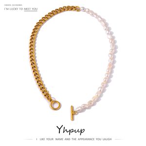 Collares pendientes Yhpup Trendy Natural Pearl Cuban Chain Necklace Acero inoxidable Metal Gold Jewelry 18 K Plateado Heavy Texture Collar Party Gift 230617