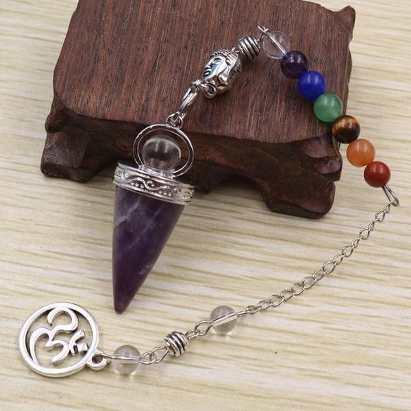 Collares pendientes YJXP Forma de cono Péndulo de cabeza de Buda para Adivinación de radiestesia Cristal de piedra natural Cadena de eslabones de chakra 3D Curación de yoga