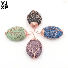 Pendentif Colliers YJXP Forme Ovale Arbre De Vie Teint Couleur Pierre De Lave Naturelle Fil Enroulement Ellipse Perles Volcaniques Charmes Composant De Bijoux