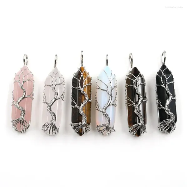 Collares colgantes YJXP Reiki Piedra natural Cristal Chapado en plata Hexágono Prisma Envoltura de alambre Árbol de la vida Colgantes Joyería de moda