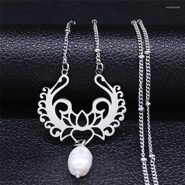 Collares pendientes Yoga Lotus agua dulce perla collar de acero inoxidable Color plata mujer joyería Collares Colier Femme N4449S04