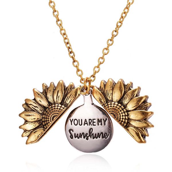 Collares colgantes You Are My Sunshine Collares de girasol para mujer Colgante de medallón abierto de oro Cadena larga Joyería inspiradora de moda Dh623