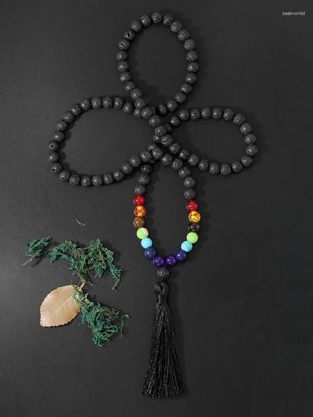 Colliers pendants Yuokiaa Natural Black Lava Volcano Stone7 Chakra Per perle Silk Tassel Long Collier Spiritual Buddha Bijoux Gift