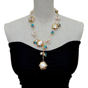 Collares colgantes YYGEM Azul Murano Vidrio Agua dulce Cultivado Blanco Keshi Perla Collar de cadena lleno de oro 21 