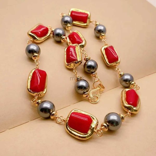 Pendentif Colliers Yying Black Sea Shell Perle Rouge Corail Plaqué Or Collier Ras Du Cou Femmes Bijoux Cadeau De Fête 240330